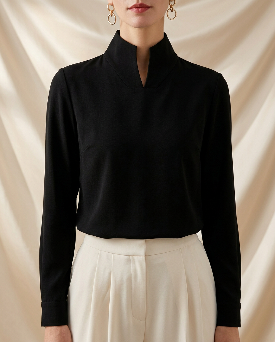 Léa Stand Collar Notch Long Sleeve Blouse