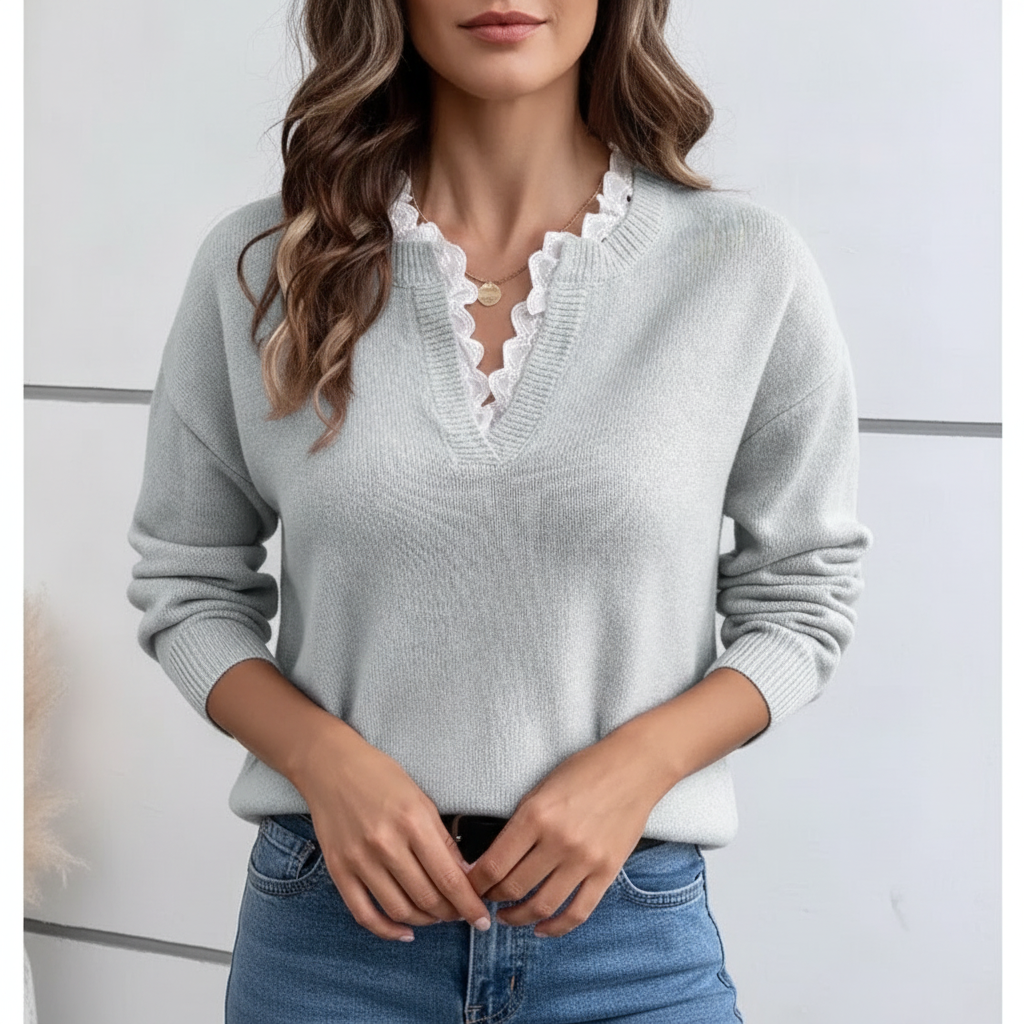 Léa Chic Lace Trim V-Neck Sweater