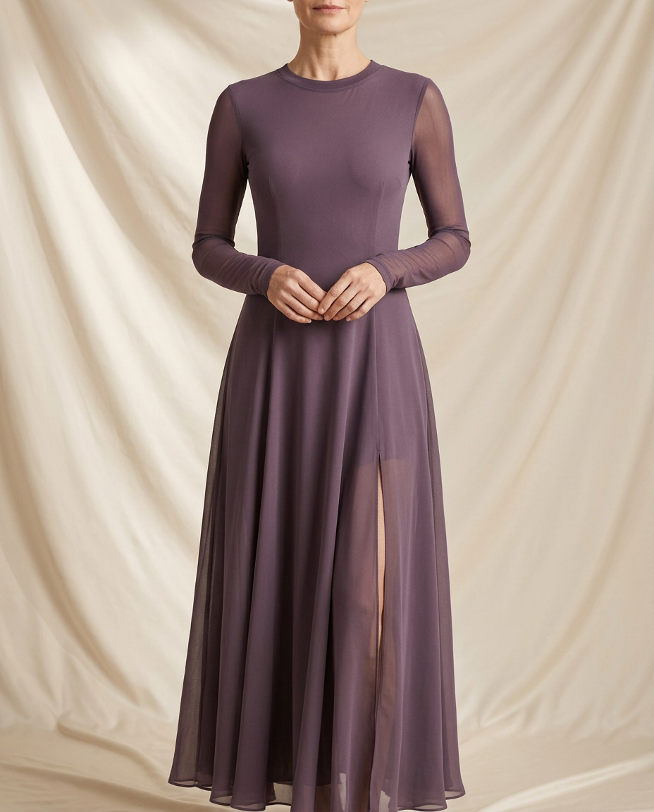 Odessa Sheer Mesh Sleeve A-Line Midi Dress