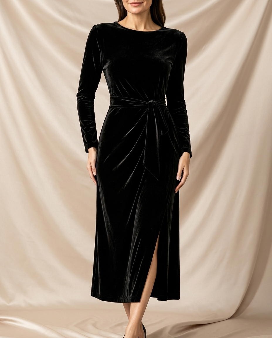 Léa Velvet Tie Front Side Slit Midi Dress