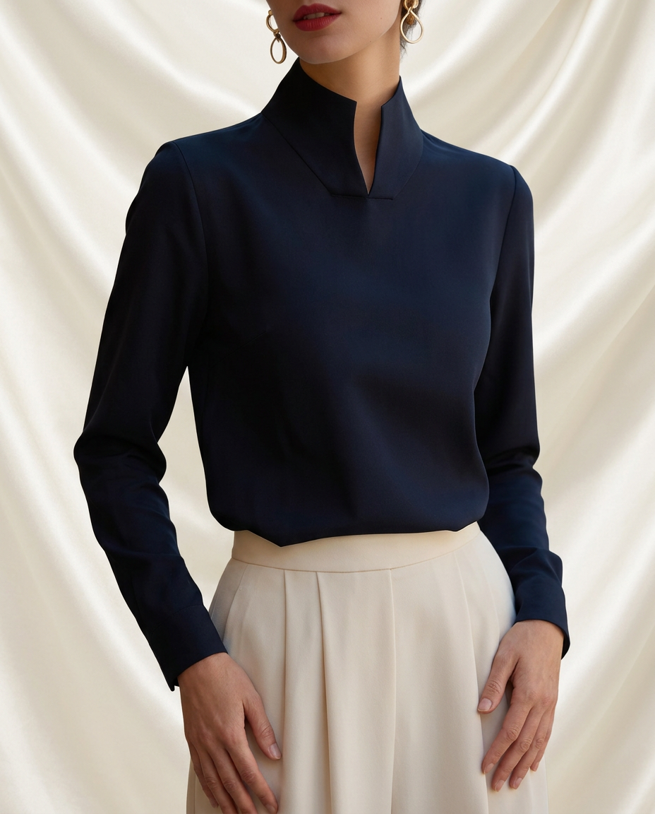 Léa Stand Collar Notch Long Sleeve Blouse