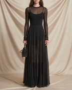 Odessa Sheer Mesh Sleeve A-Line Midi Dress