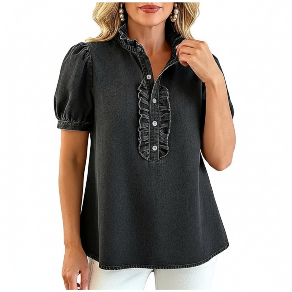 Léa Washed Denim Ruffle Blouse