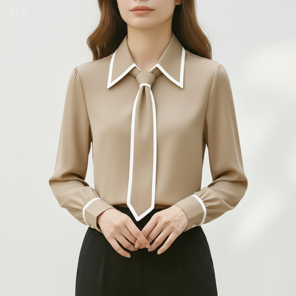 Léa Contrast Tie-Front Business Casual Blouse