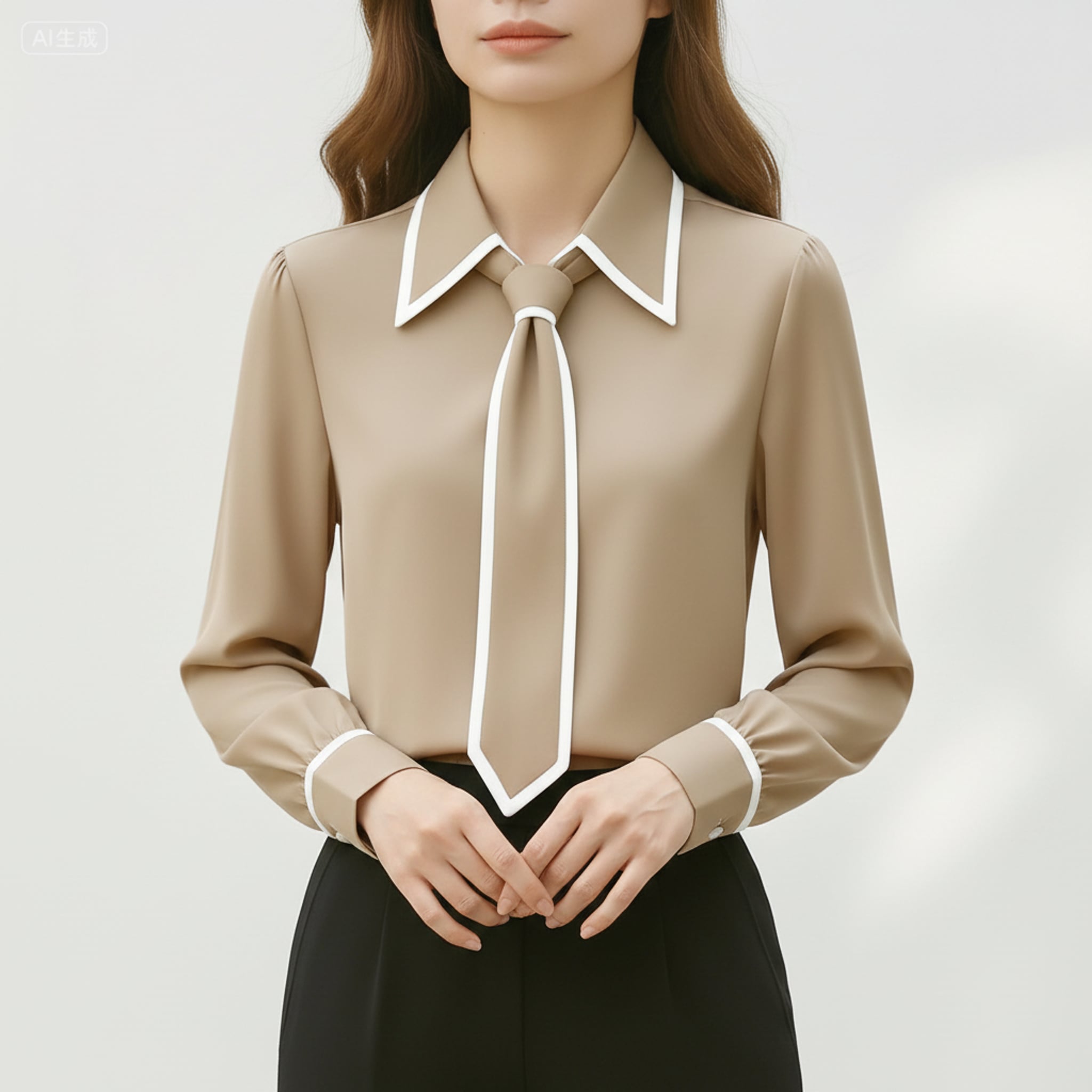 Léa Contrast Tie-Front Business Casual Blouse