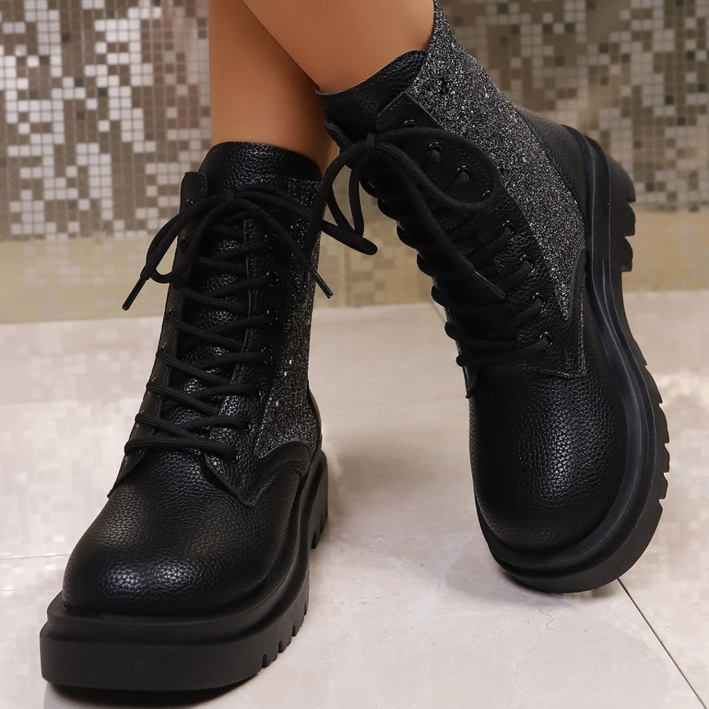 Penelope Sequin Sparkle Platform Lace-Up Boots