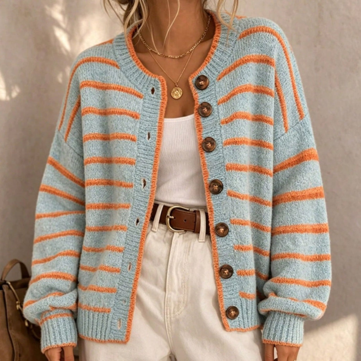 Penelope Striped Button-Front Relaxed Cardigan