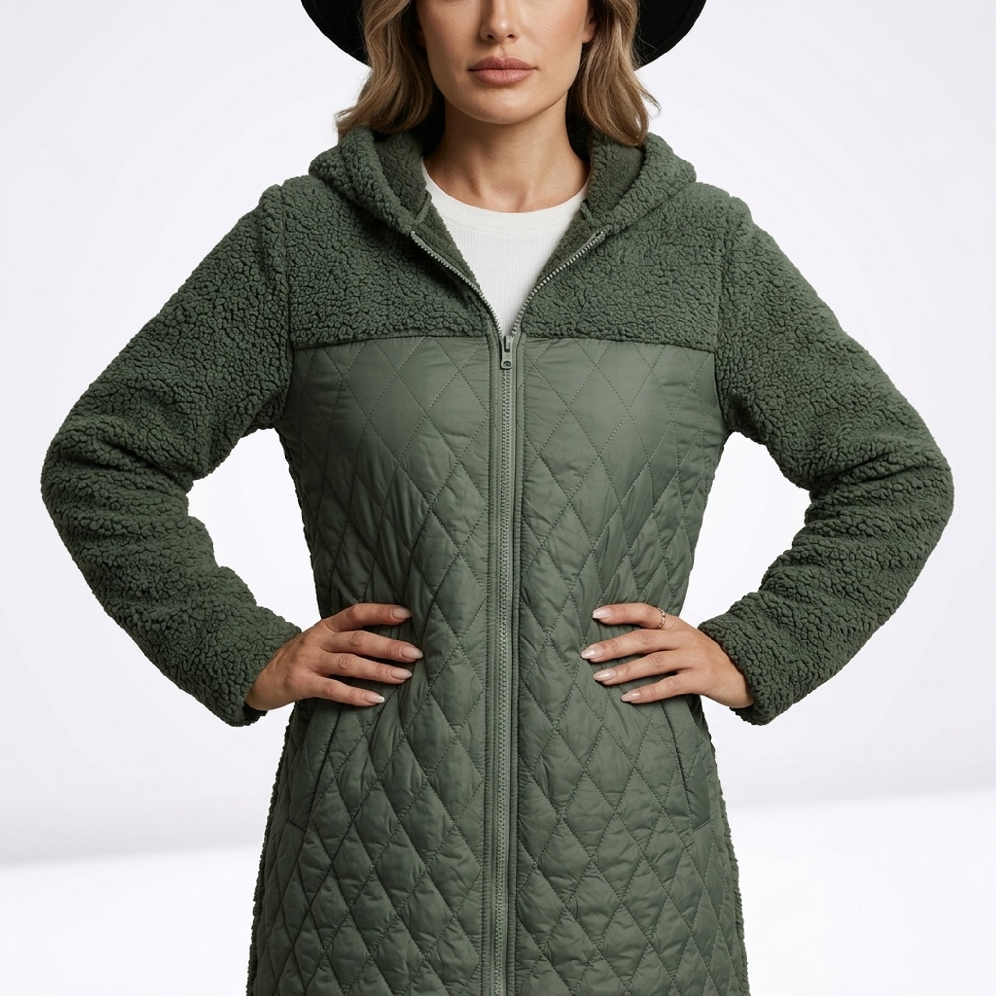 Léa Hooded Plush Quilted Long Jacket