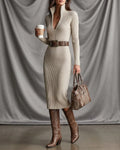 Léa Elegant Long Sleeve Ribbed Midi Dress