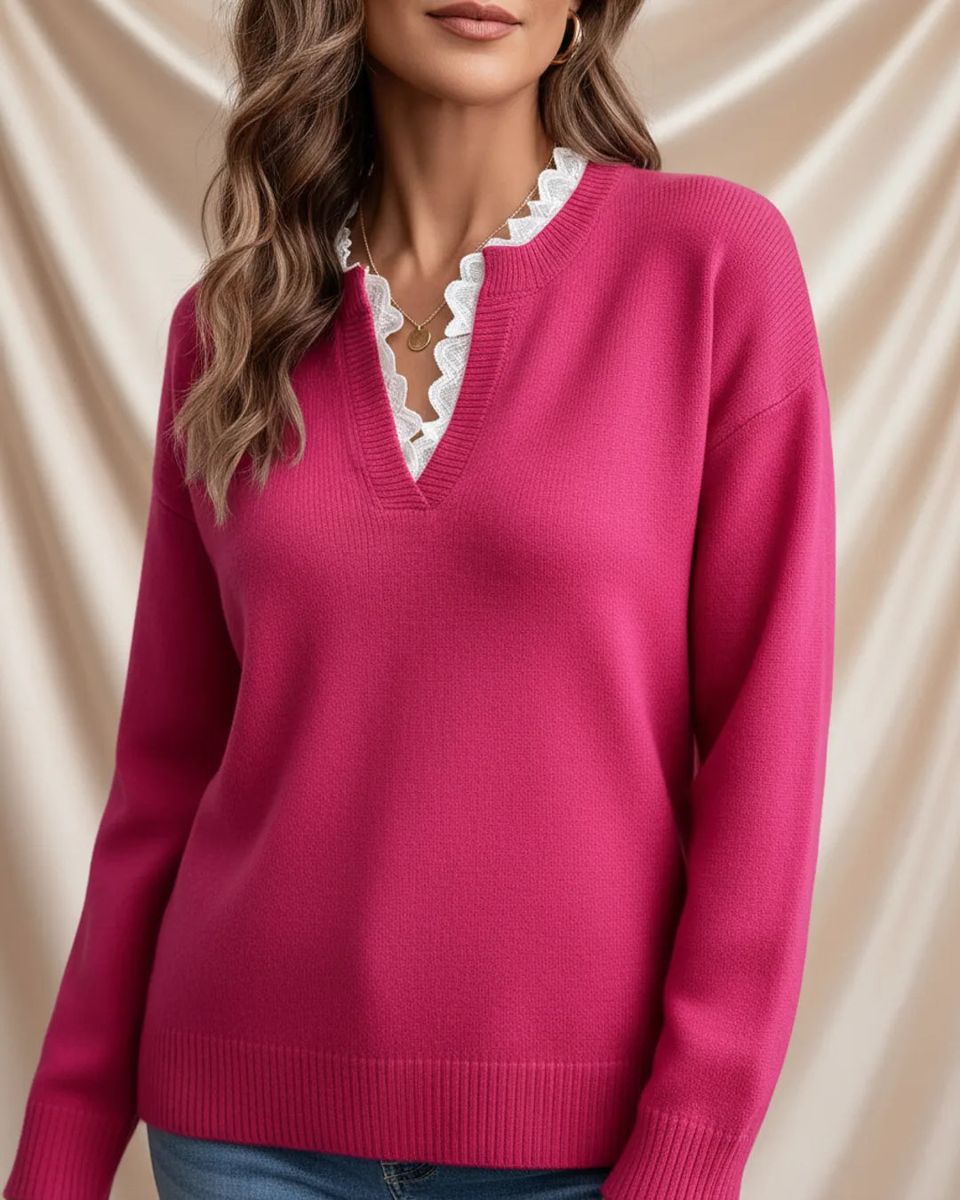 Léa Chic Lace Trim V-Neck Sweater