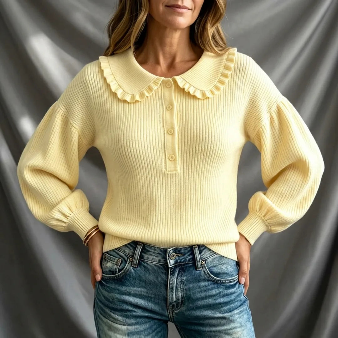 Léa Ruffled Lapel Ribbed Knit Blouse