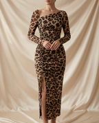 Léa Luxe Leopard Long Sleeve Bodycon Dress