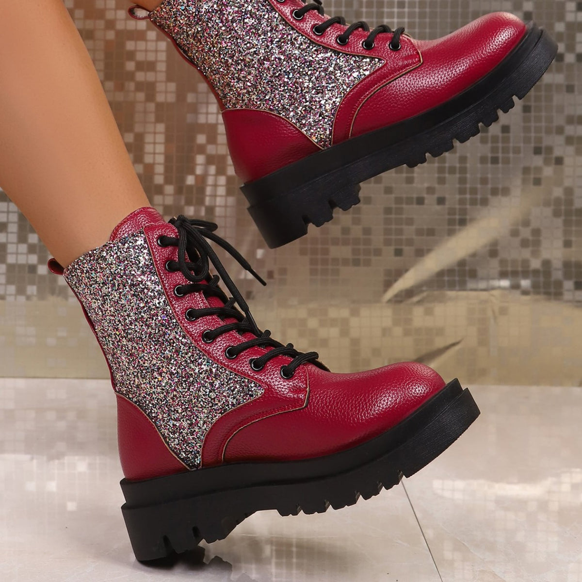 Penelope Sequin Sparkle Platform Lace-Up Boots