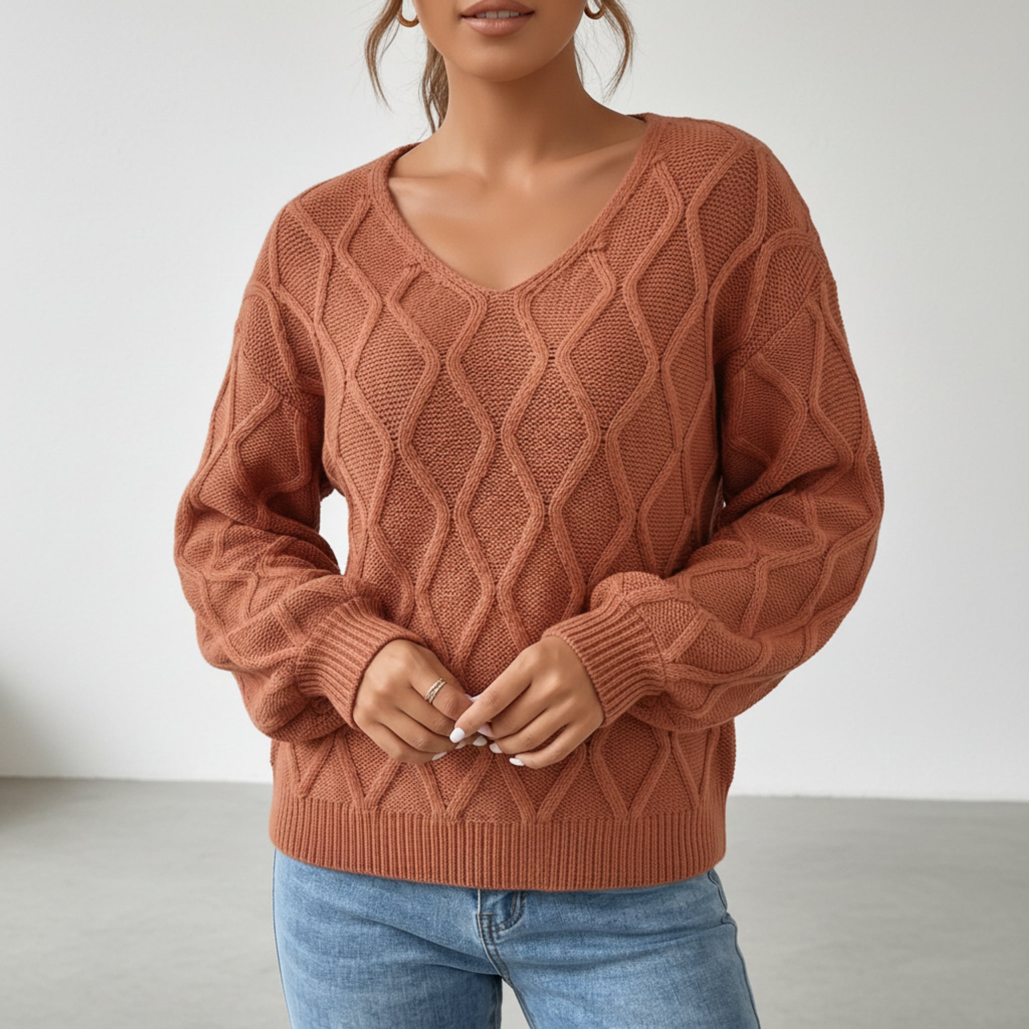 Léa V-Neck Twisted Knit Pullover Sweater