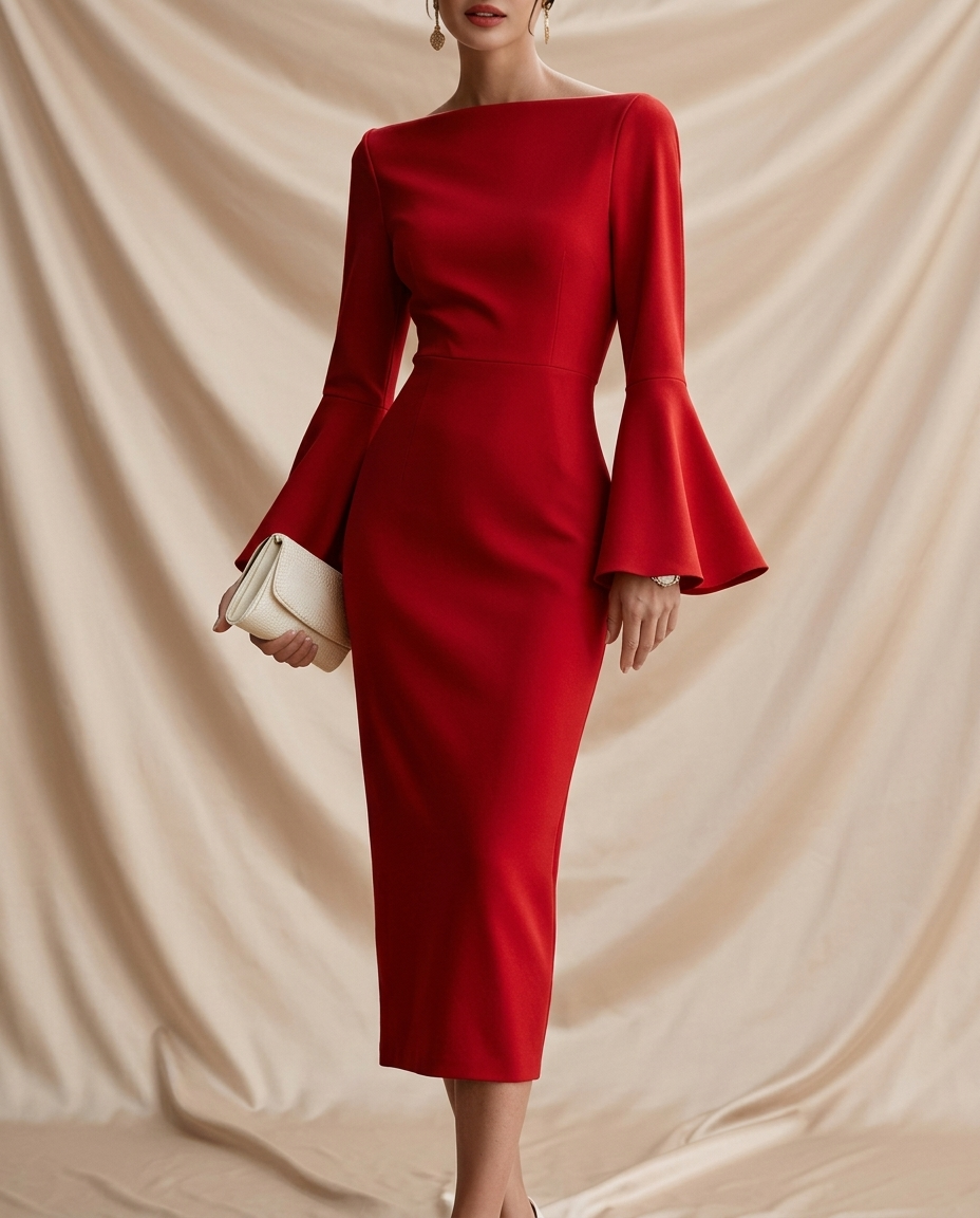 Penelope Flared Sleeve Midi Sheath Dress