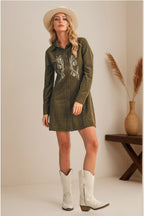 Rosella Western Embroidered Faux Suede Shirtdress