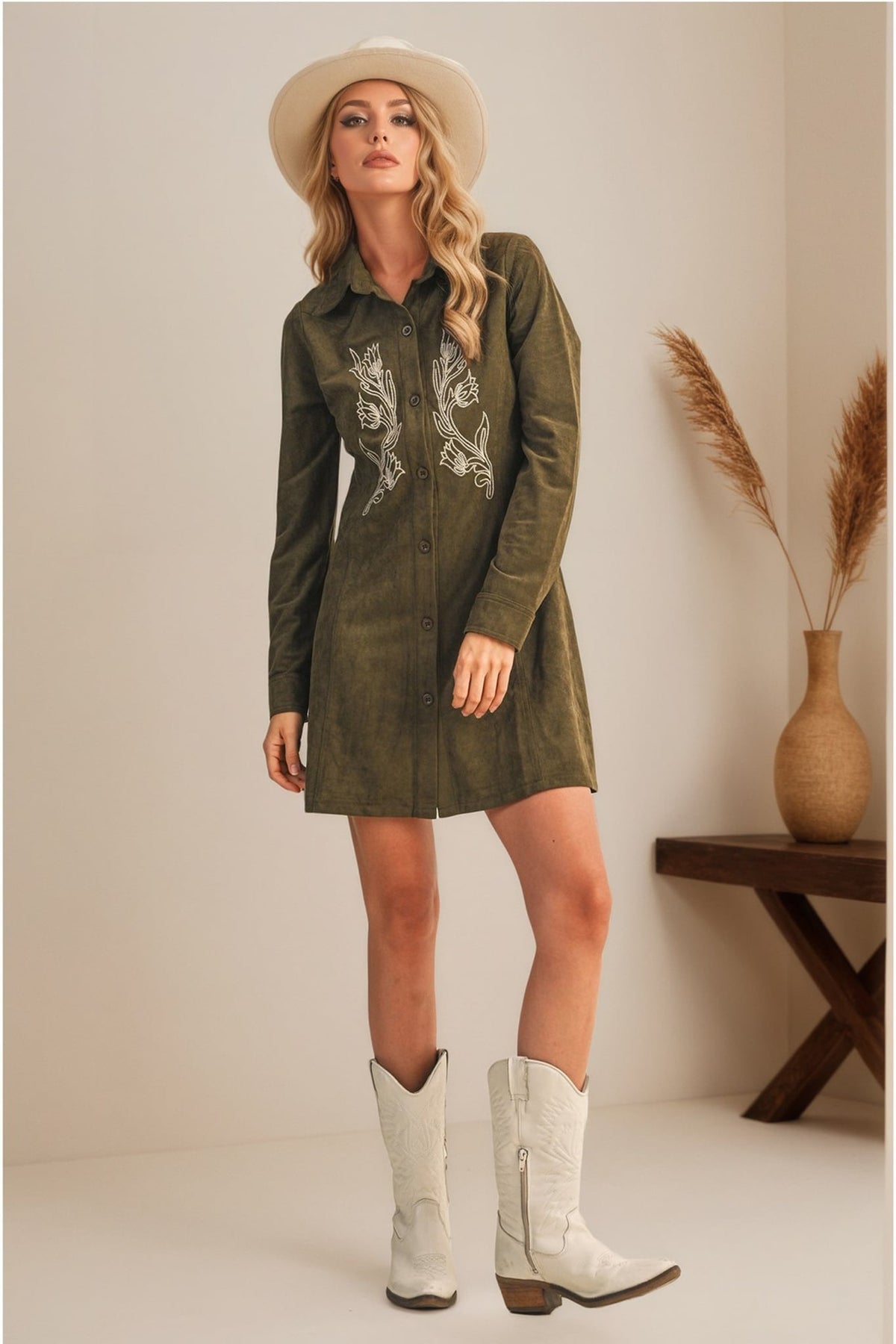 Rosella Western Embroidered Faux Suede Shirtdress
