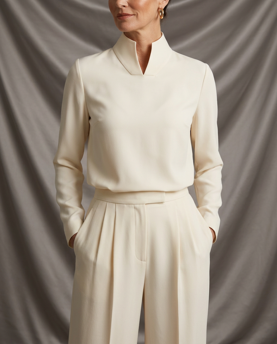 Léa Stand Collar Notch Long Sleeve Blouse