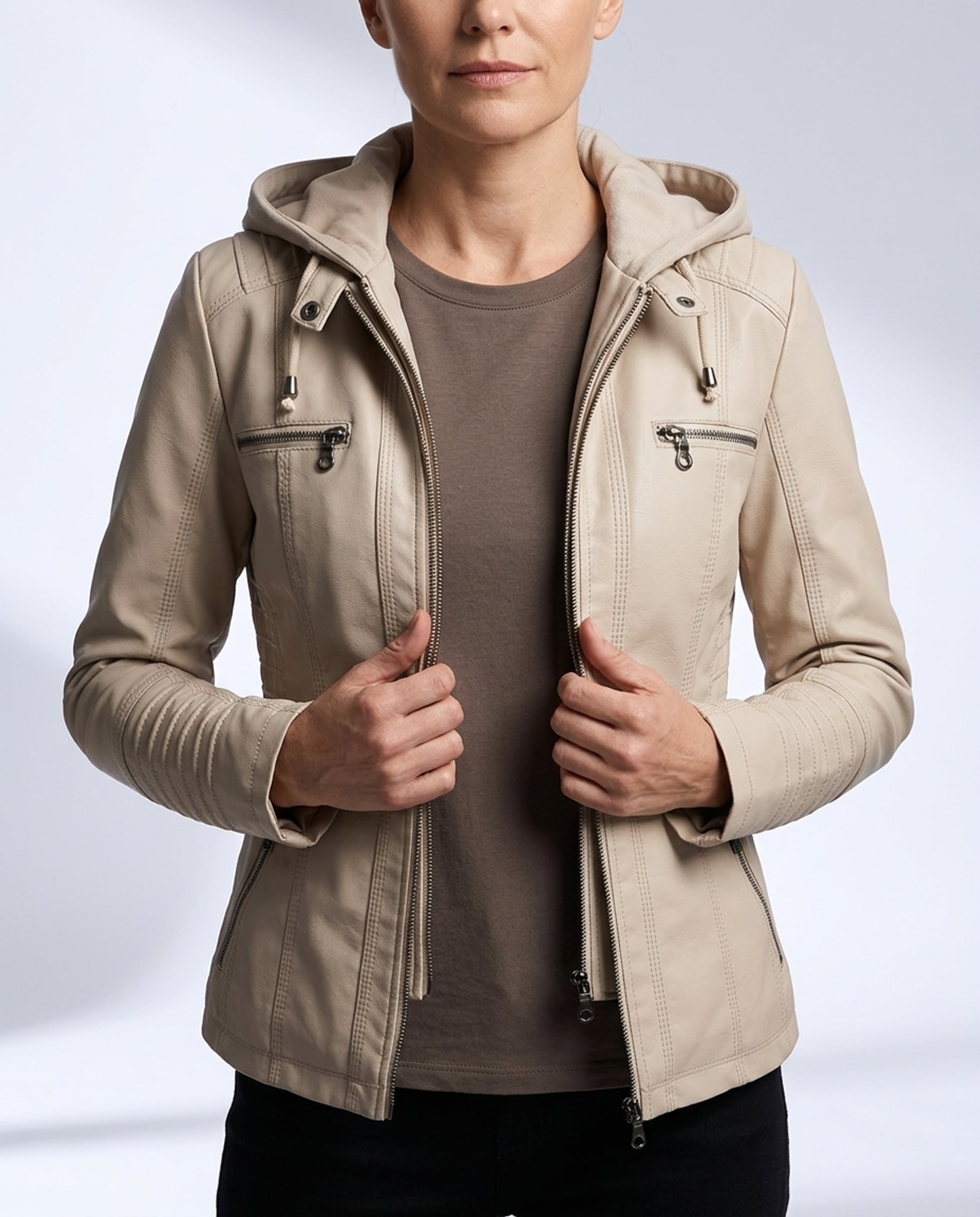 Léa Vintage Hooded Vegan Leather Moto Jacket