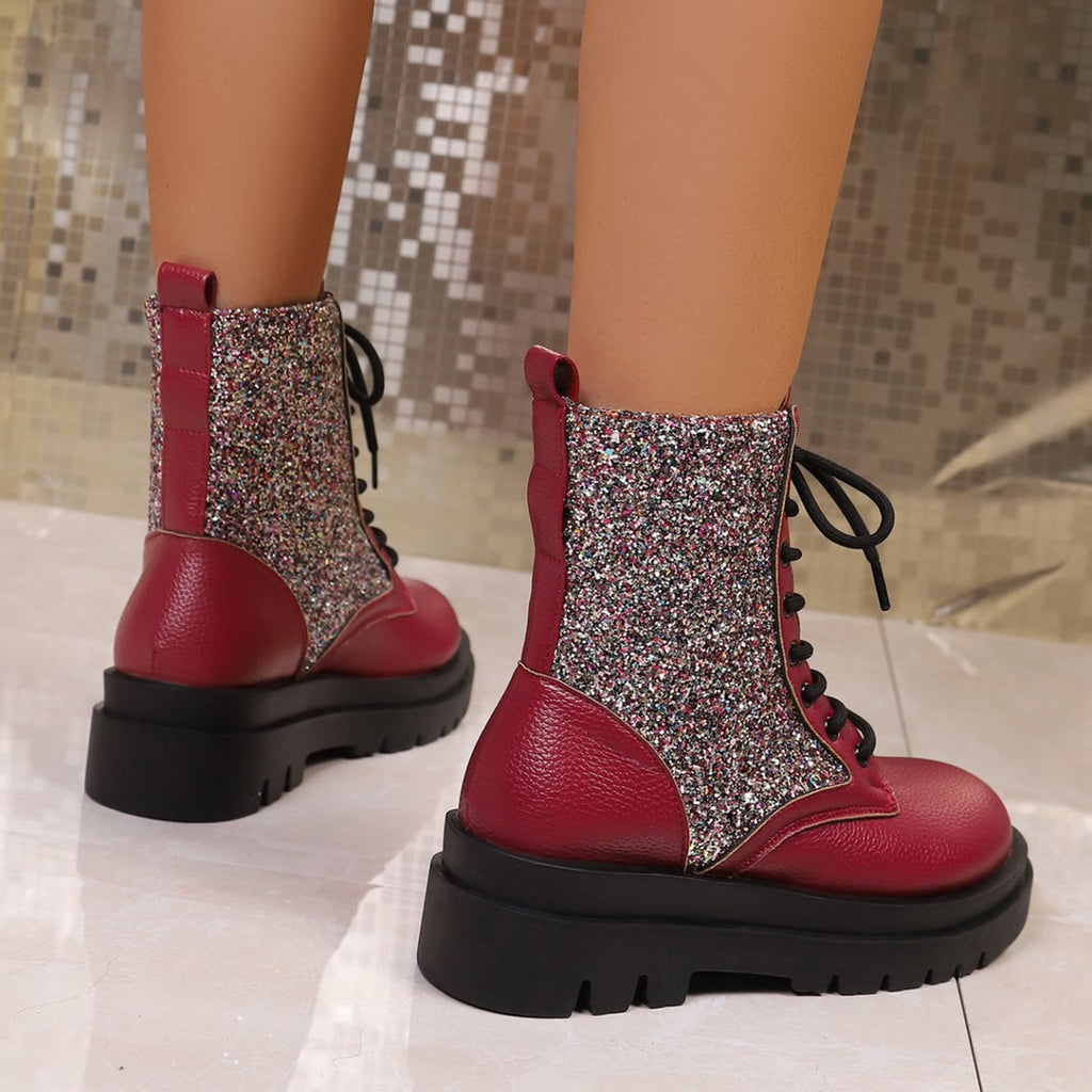 Penelope Sequin Sparkle Platform Lace-Up Boots