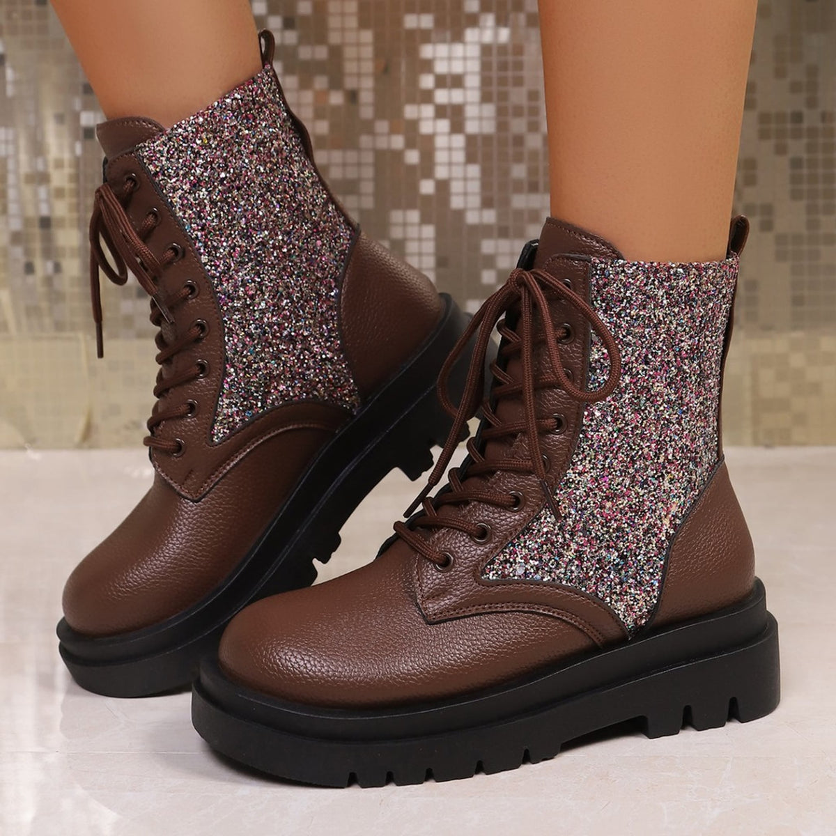 Penelope Sequin Sparkle Platform Lace-Up Boots