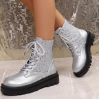 Penelope Sequin Sparkle Platform Lace-Up Boots