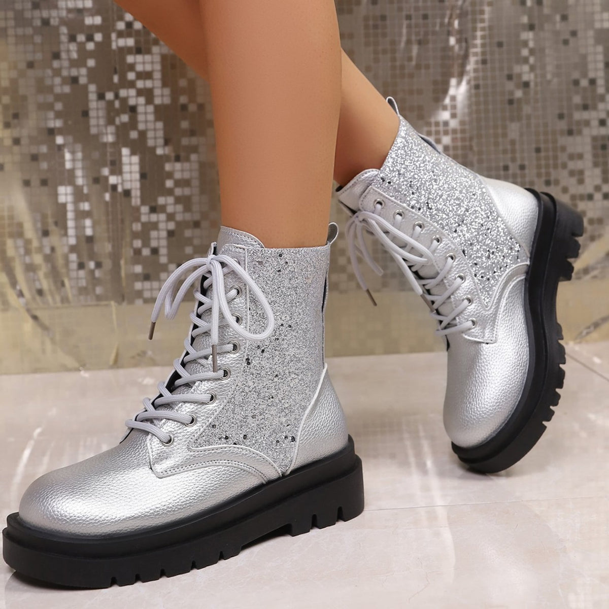 Penelope Sequin Sparkle Platform Lace-Up Boots