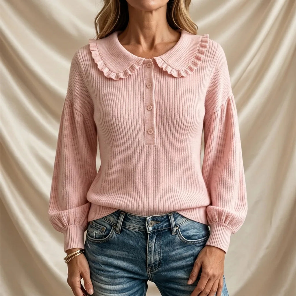 Léa Ruffled Lapel Ribbed Knit Blouse