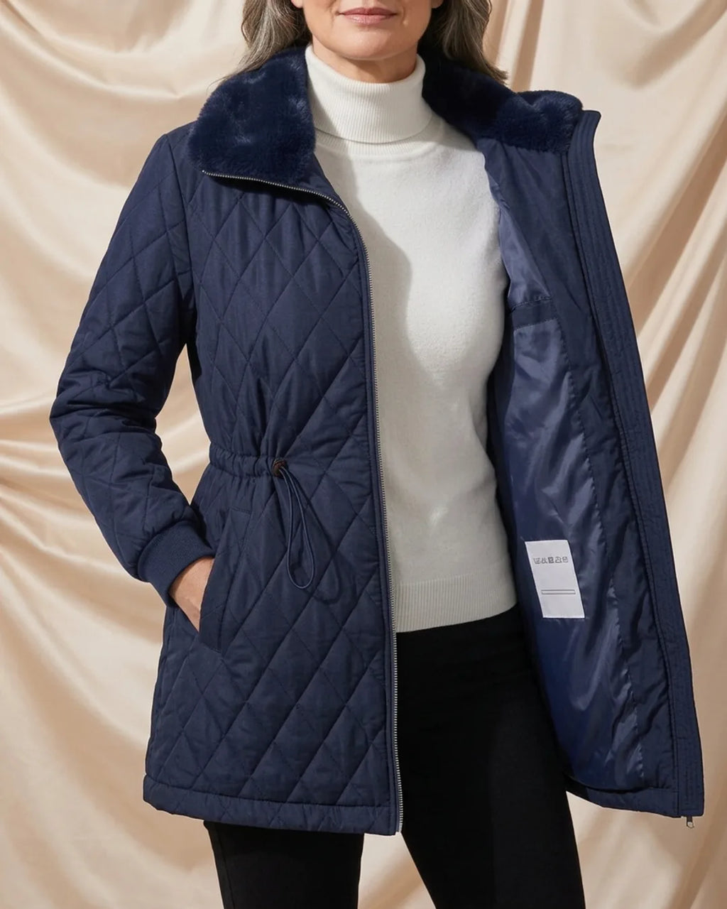 Léa Diamond Quilted Cinched Winter Jacket with Plush Collar