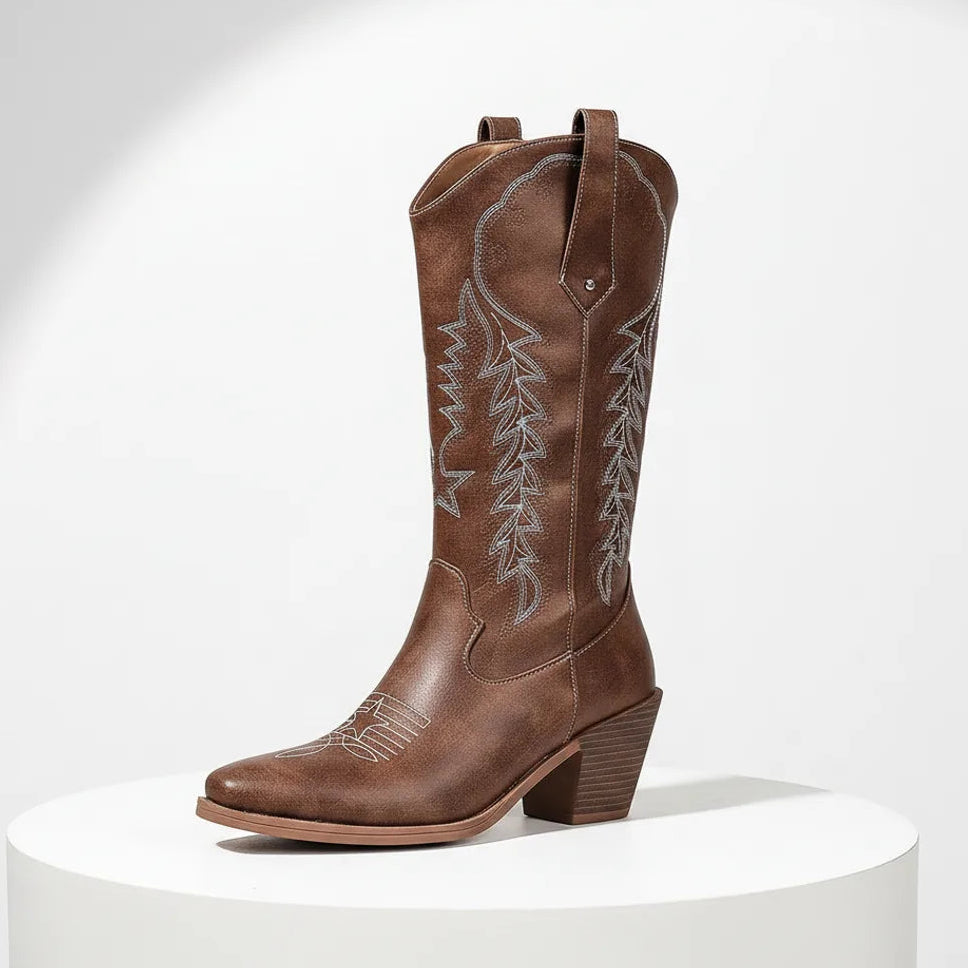 Élise Embroidered Vegan Leather Brown Western Boots
