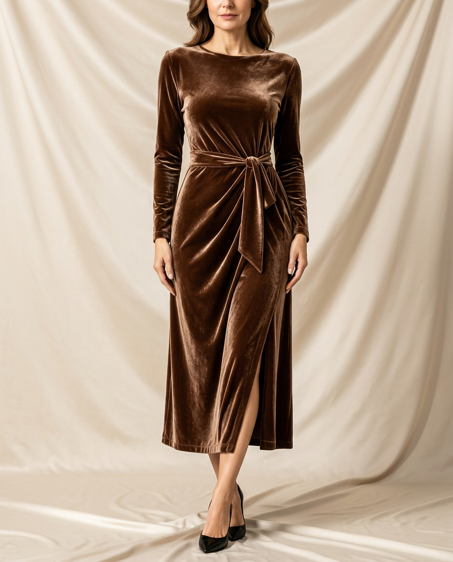 Léa Velvet Tie Front Side Slit Midi Dress