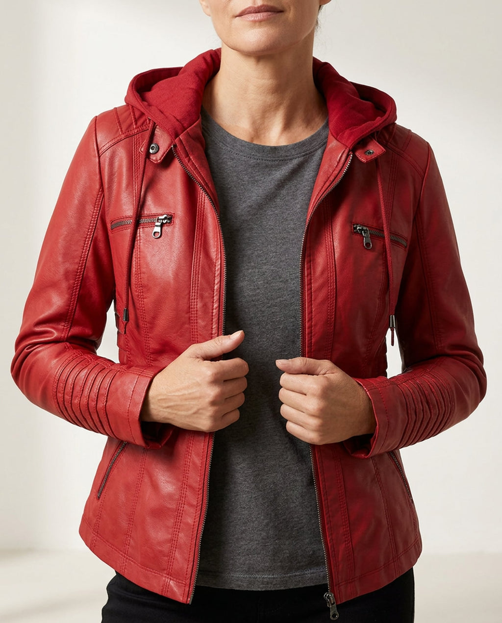Léa Vintage Hooded Vegan Leather Moto Jacket
