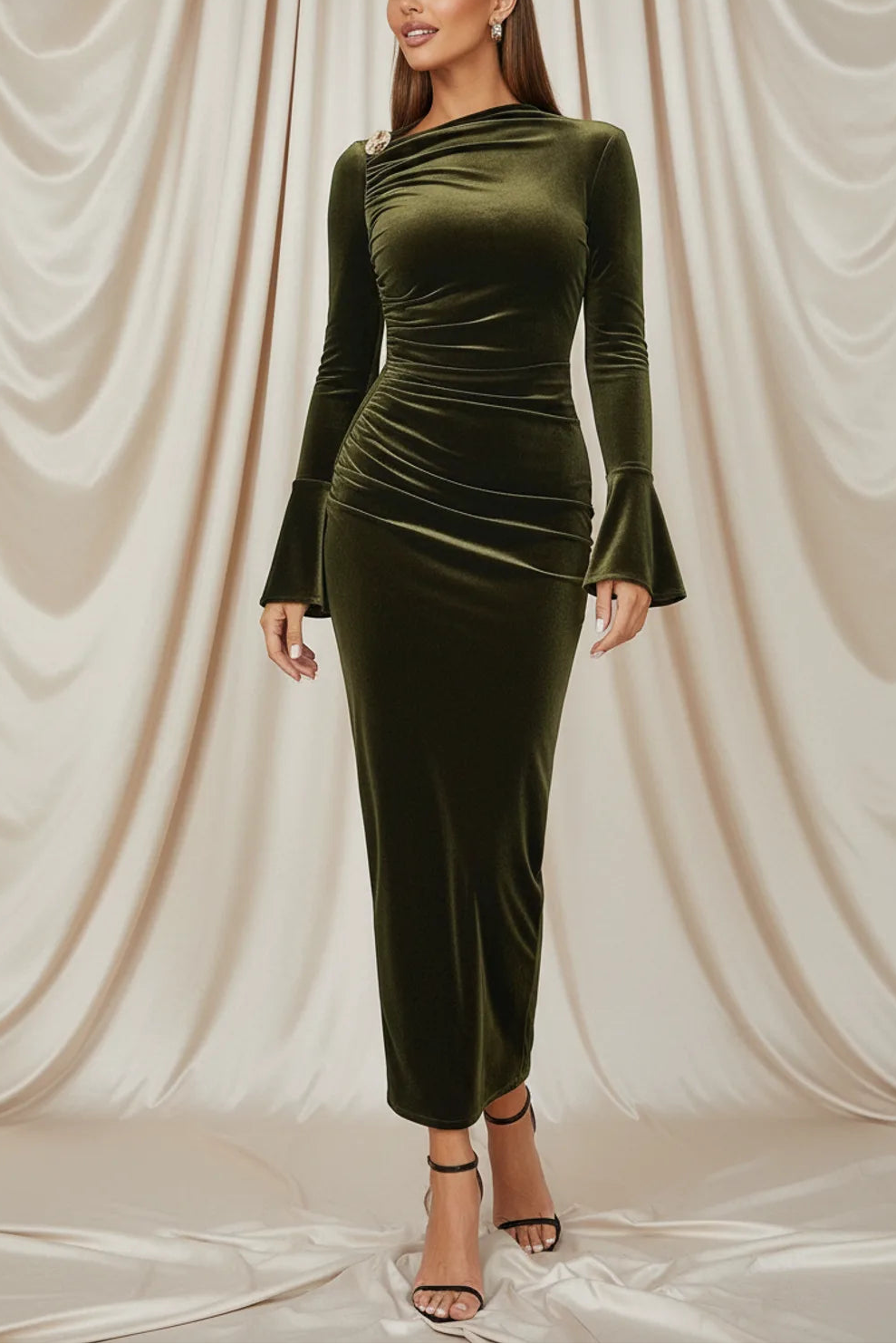 Elegant Velvet Long Sleeve Slit Midi Dress