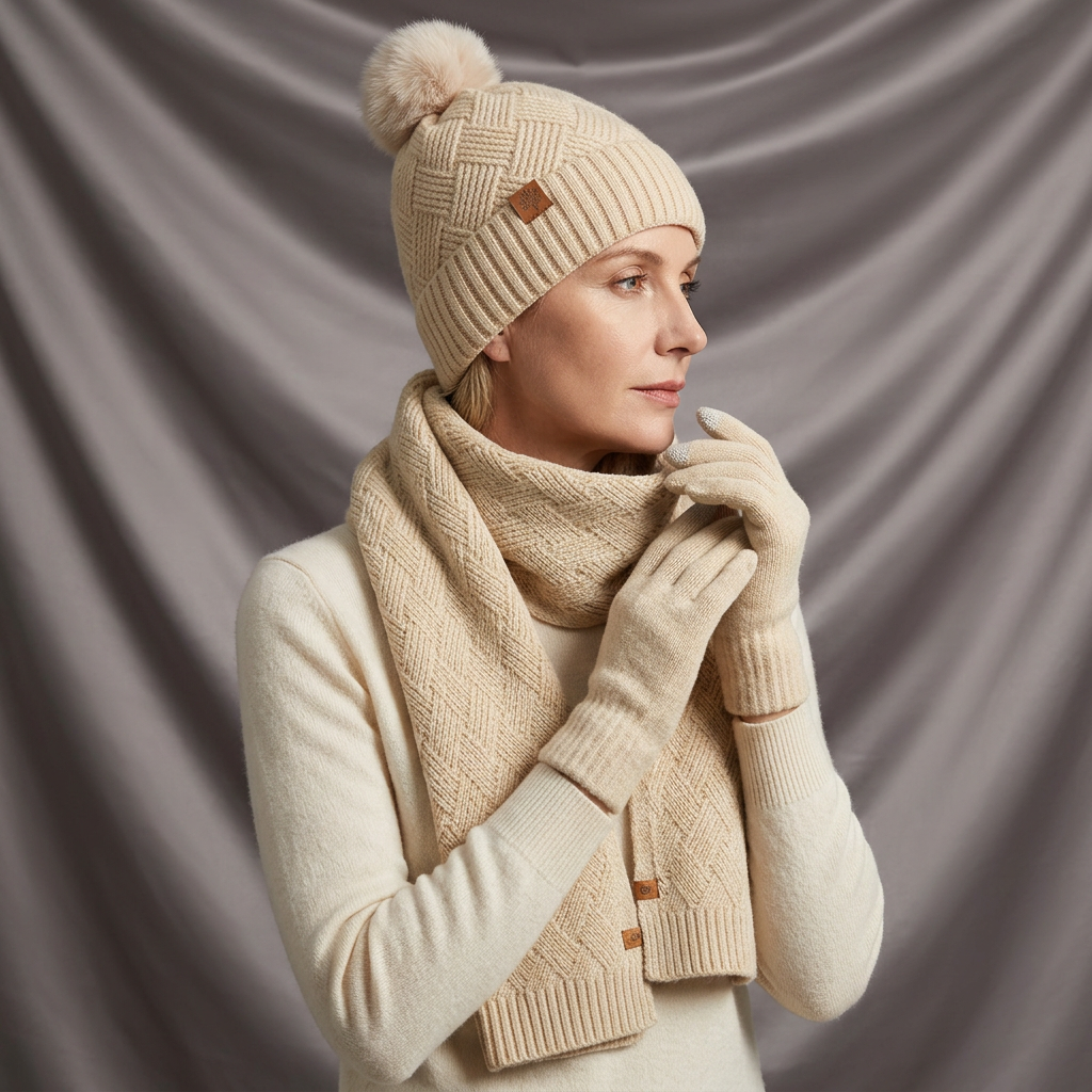 Léa Cable Knit Pom Beanie Scarf Set