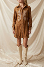 Rosella Western Embroidered Faux Suede Shirtdress