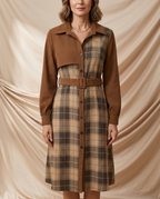 Léa Vintage Plaid Patchwork Midi Dress