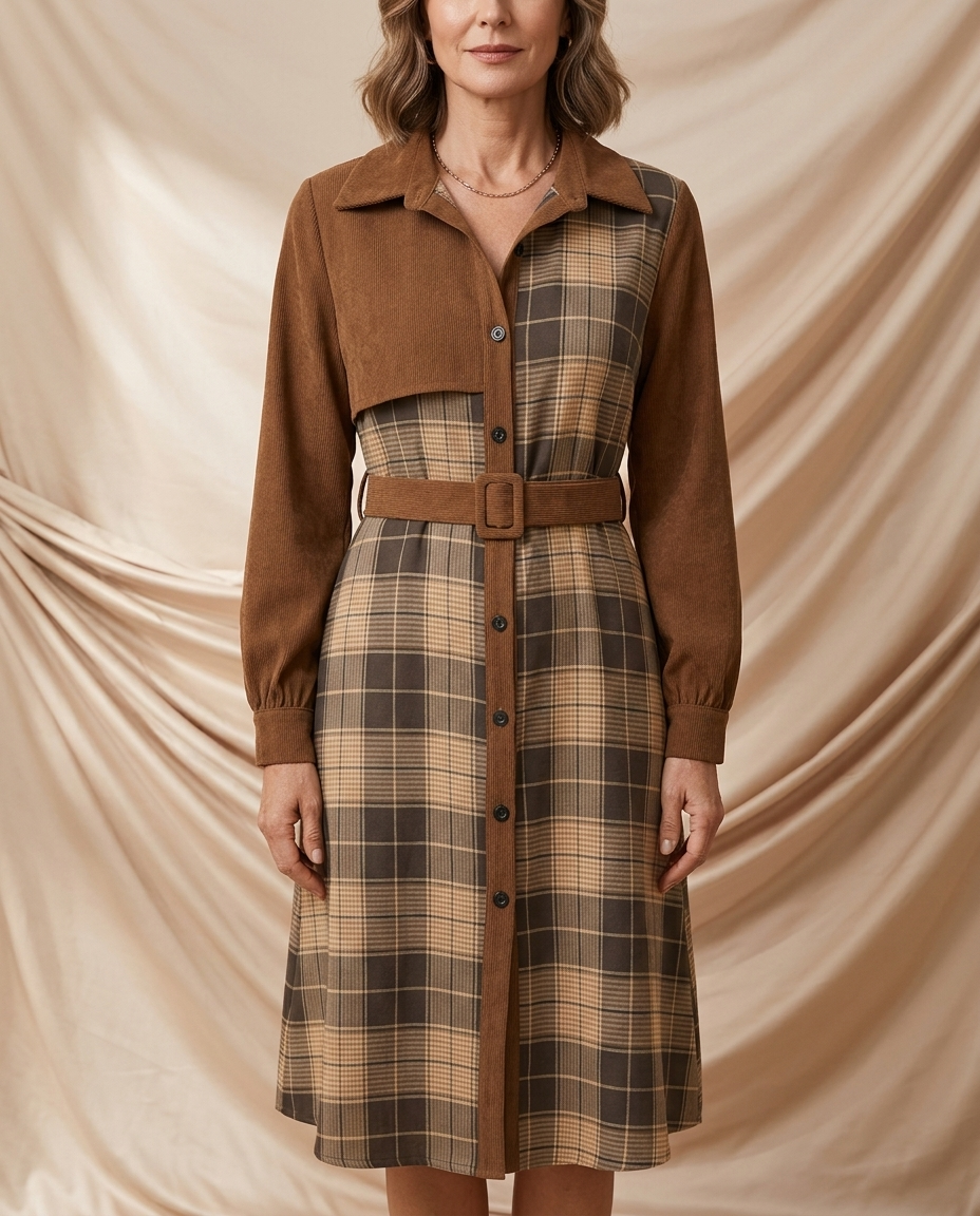 Léa Vintage Plaid Patchwork Midi Dress
