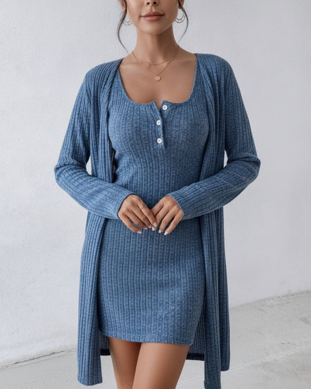 Léa Soft Knit Ribbed Cardigan & Tank Dress Set
