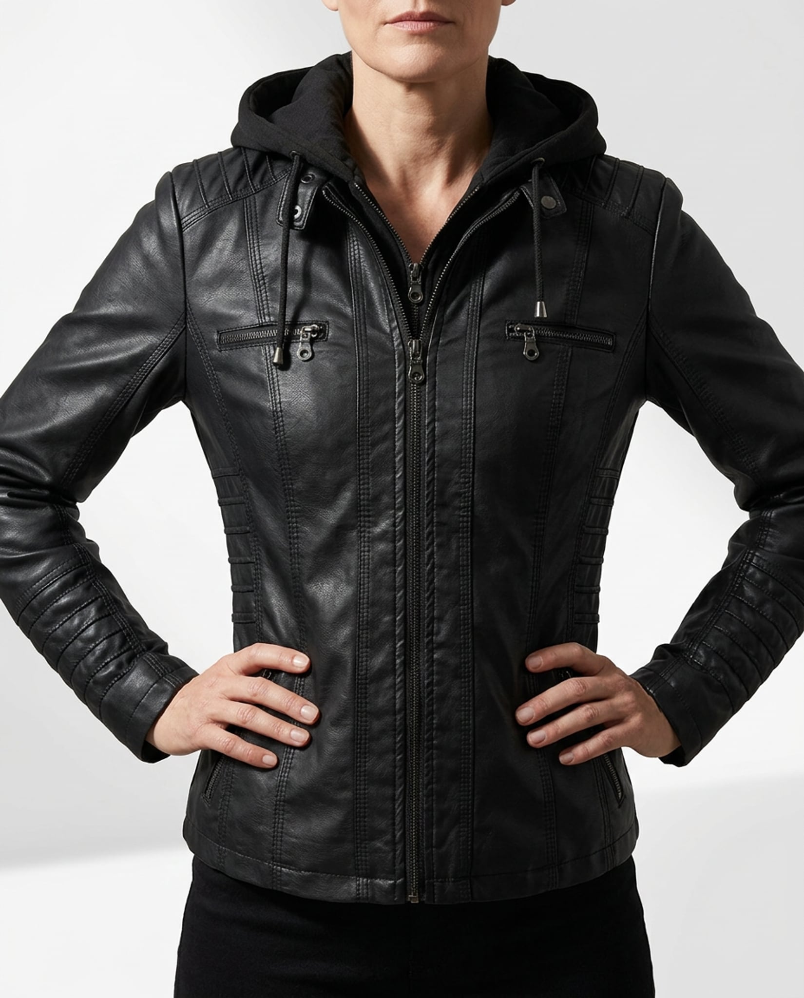 Léa Vintage Hooded Vegan Leather Moto Jacket
