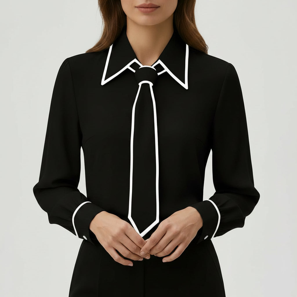 Léa Contrast Tie-Front Business Casual Blouse