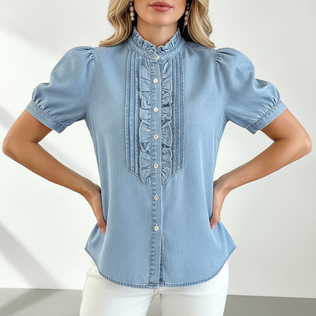 Léa Washed Denim Ruffle Blouse