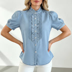 Léa Washed Denim Ruffle Blouse