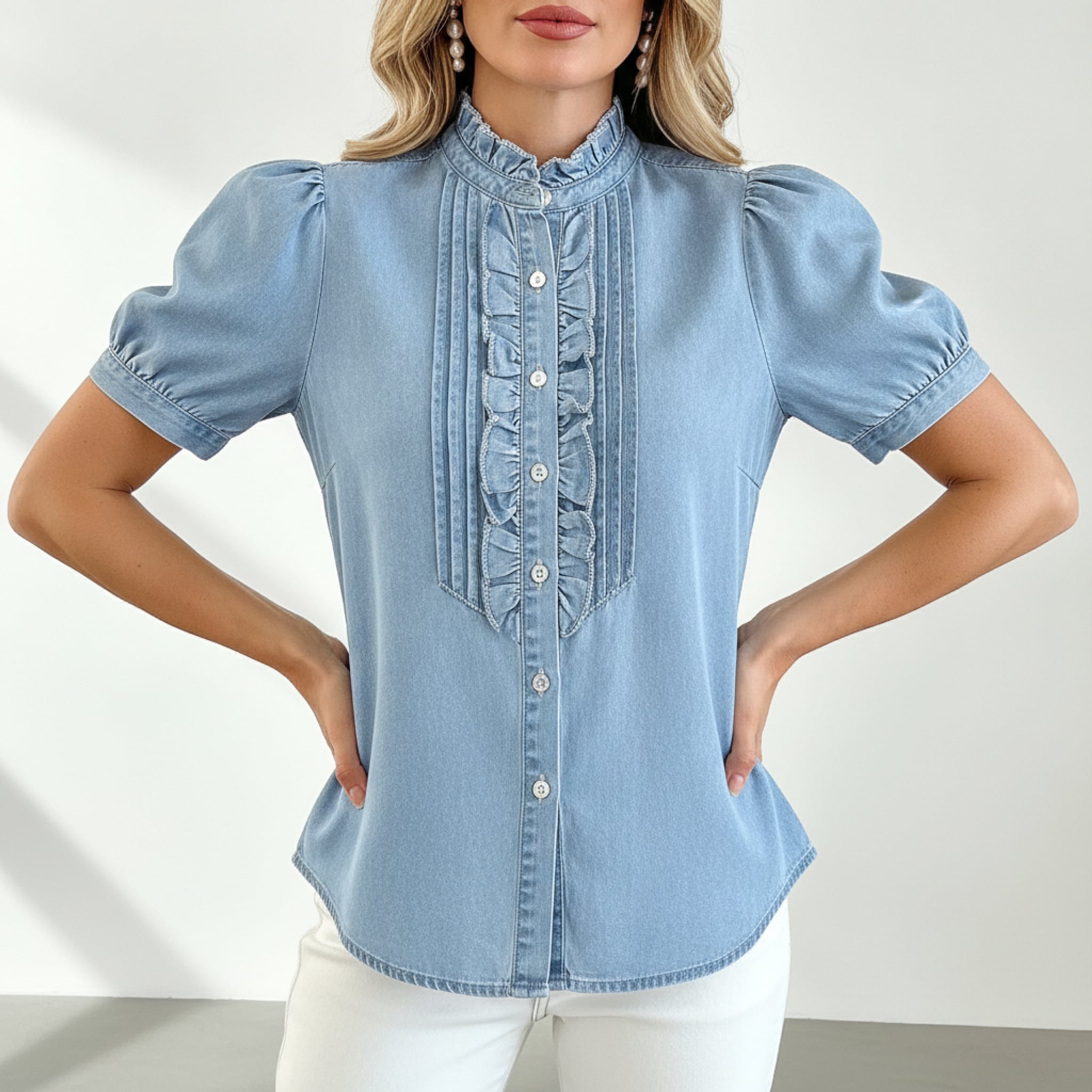 Léa Washed Denim Ruffle Blouse
