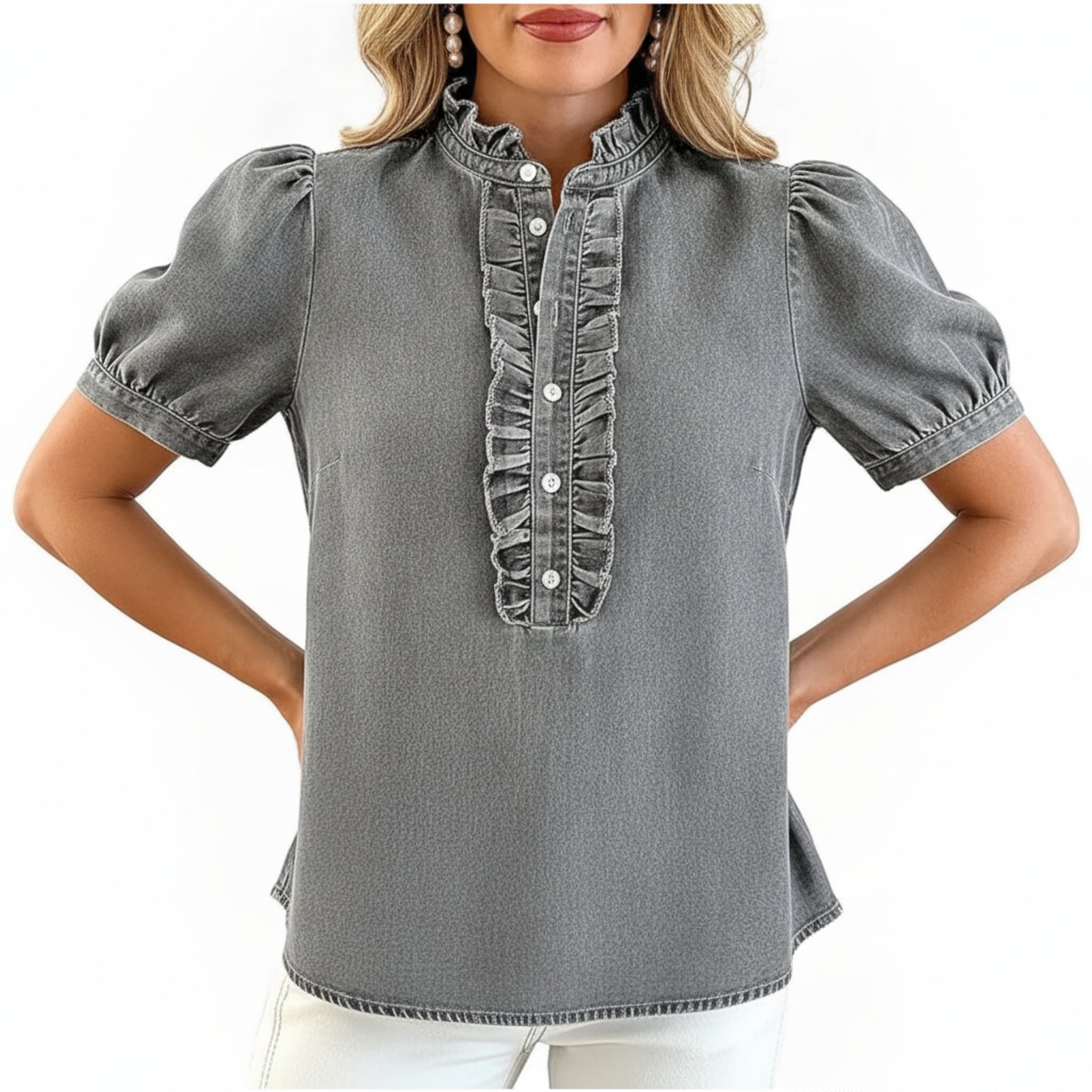 Léa Washed Denim Ruffle Blouse