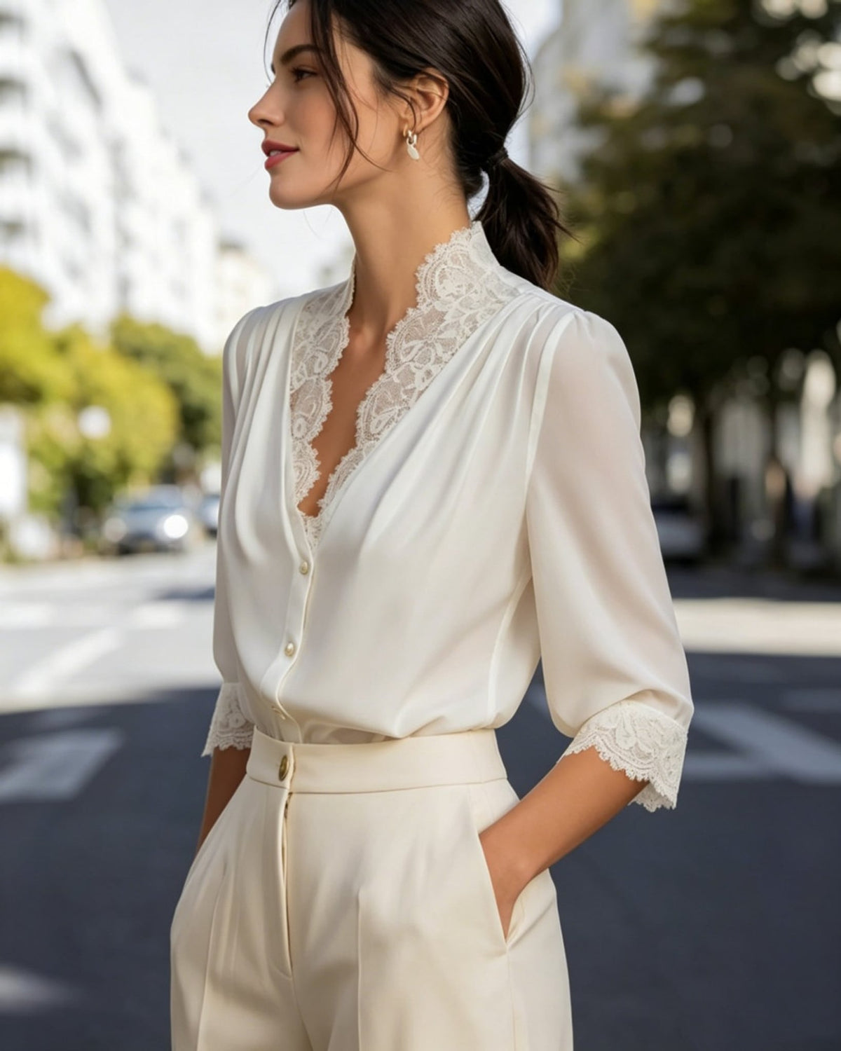 Léa Delicate V-Neck Lace Collar Blouse
