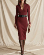 Léa Elegant Long Sleeve Ribbed Midi Dress