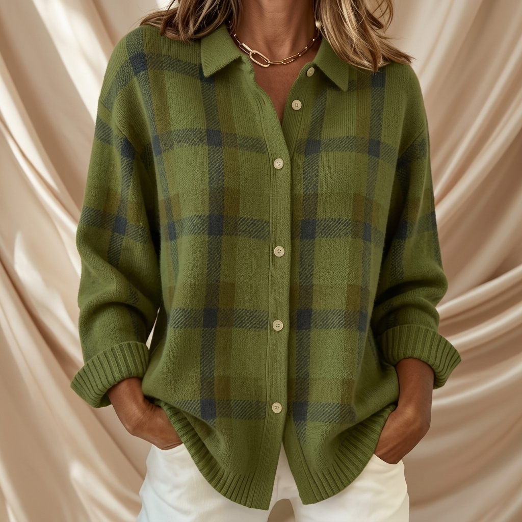 Penelope Plaid Knitted Button-Up Shirt Cardigan