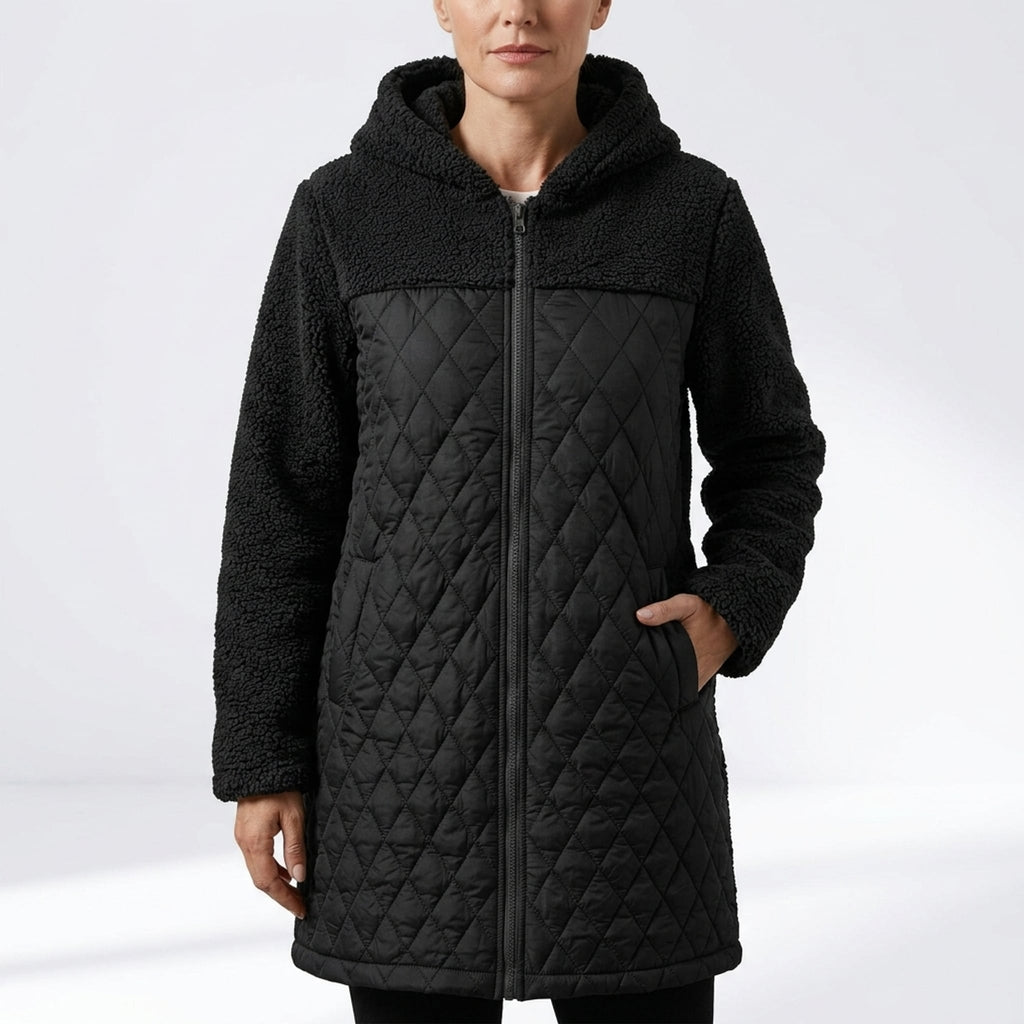 Léa Hooded Plush Quilted Long Jacket