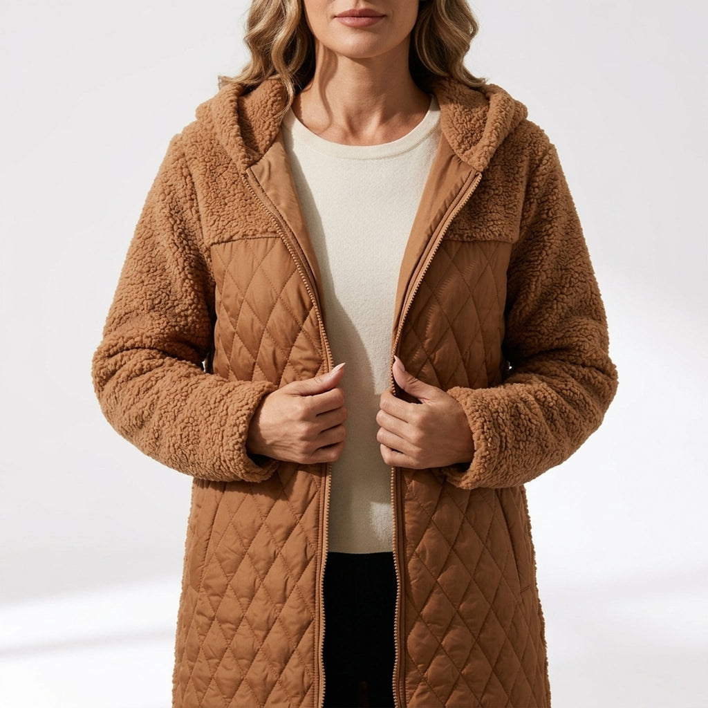 Léa Hooded Plush Quilted Long Jacket