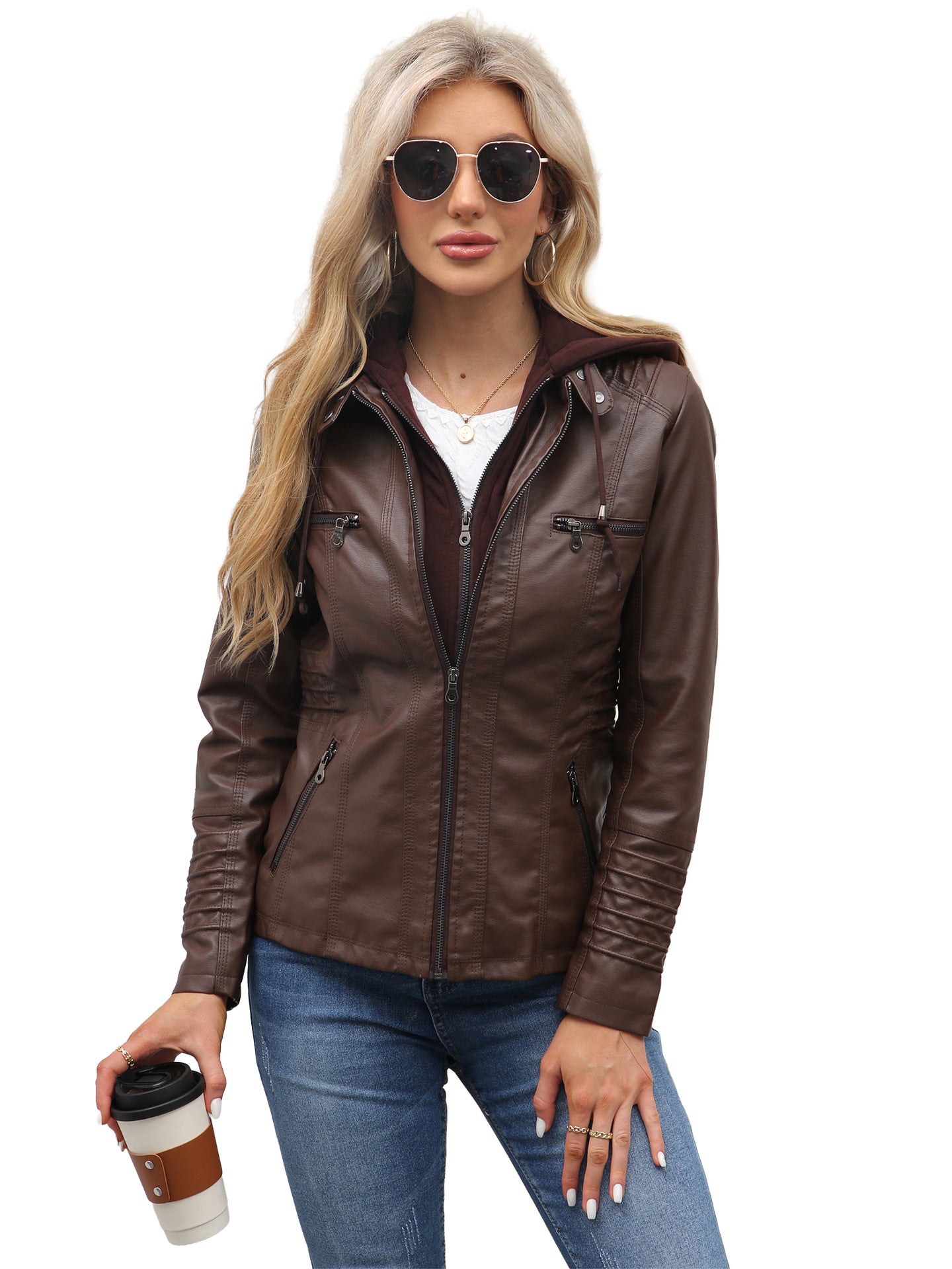 Léa Vintage Hooded Vegan Leather Moto Jacket